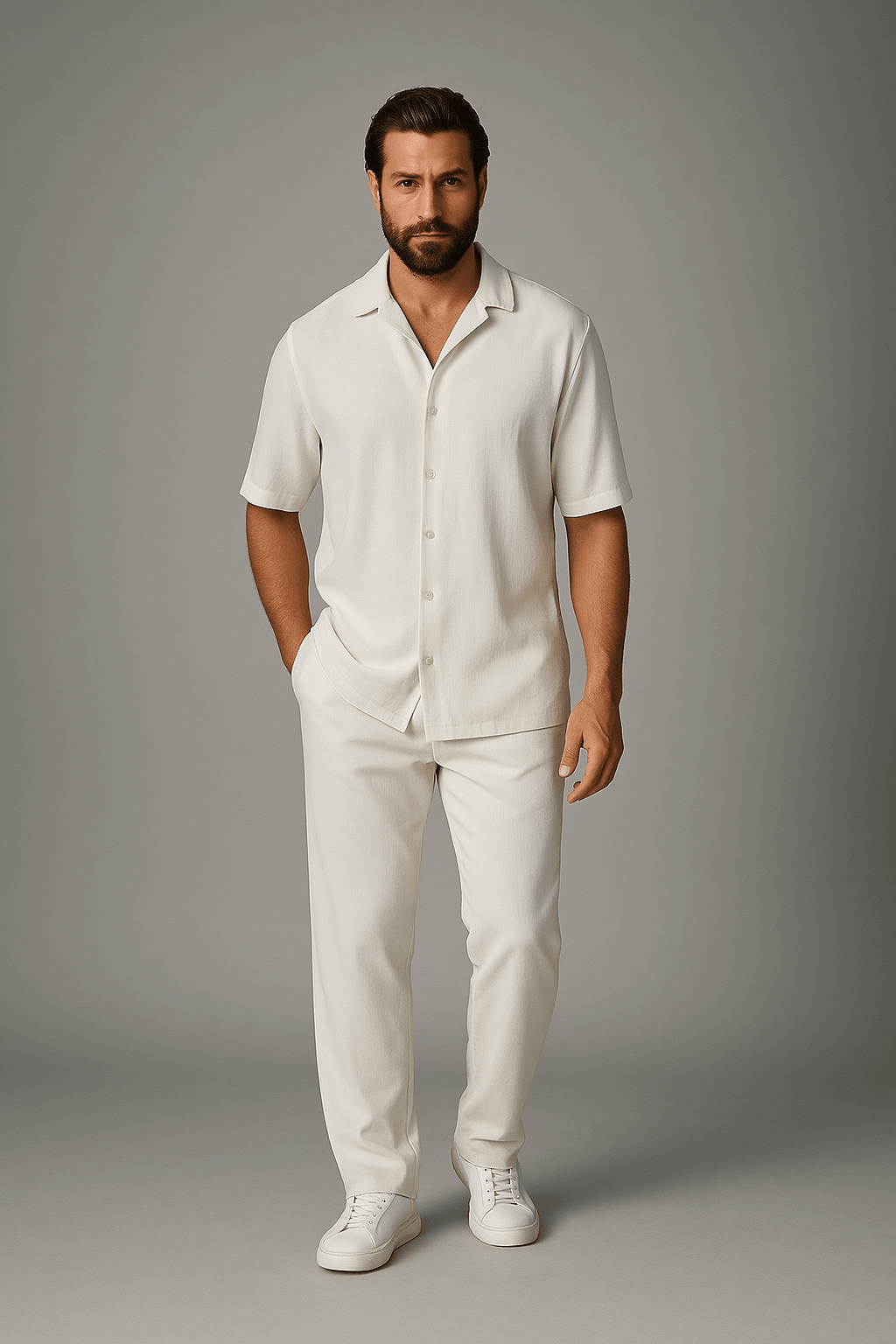 man wearing relaxed cotton shirt and striped pants 2-piece outfit

