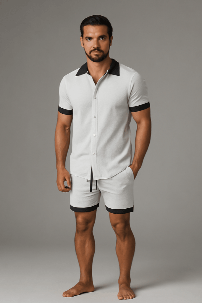 man wearing short-sleeve beachwear set with contrast trim