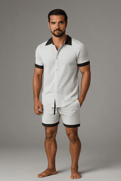 man wearing short-sleeve beachwear set with contrast trim