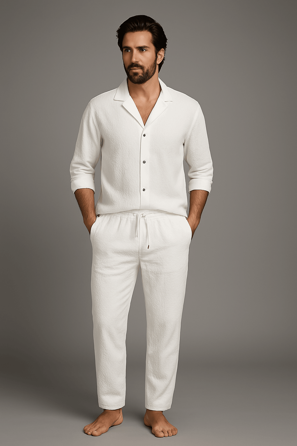 man wearing modern long-sleeve lounge set with relaxed fit pants