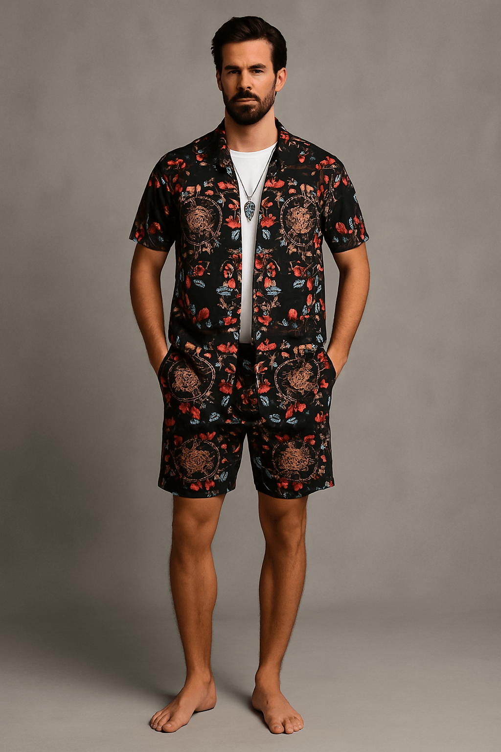 man wearing floral open shirt and shorts summer set