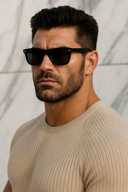 man wearing black square sunglasses with neutral outfit – MARTINEZ