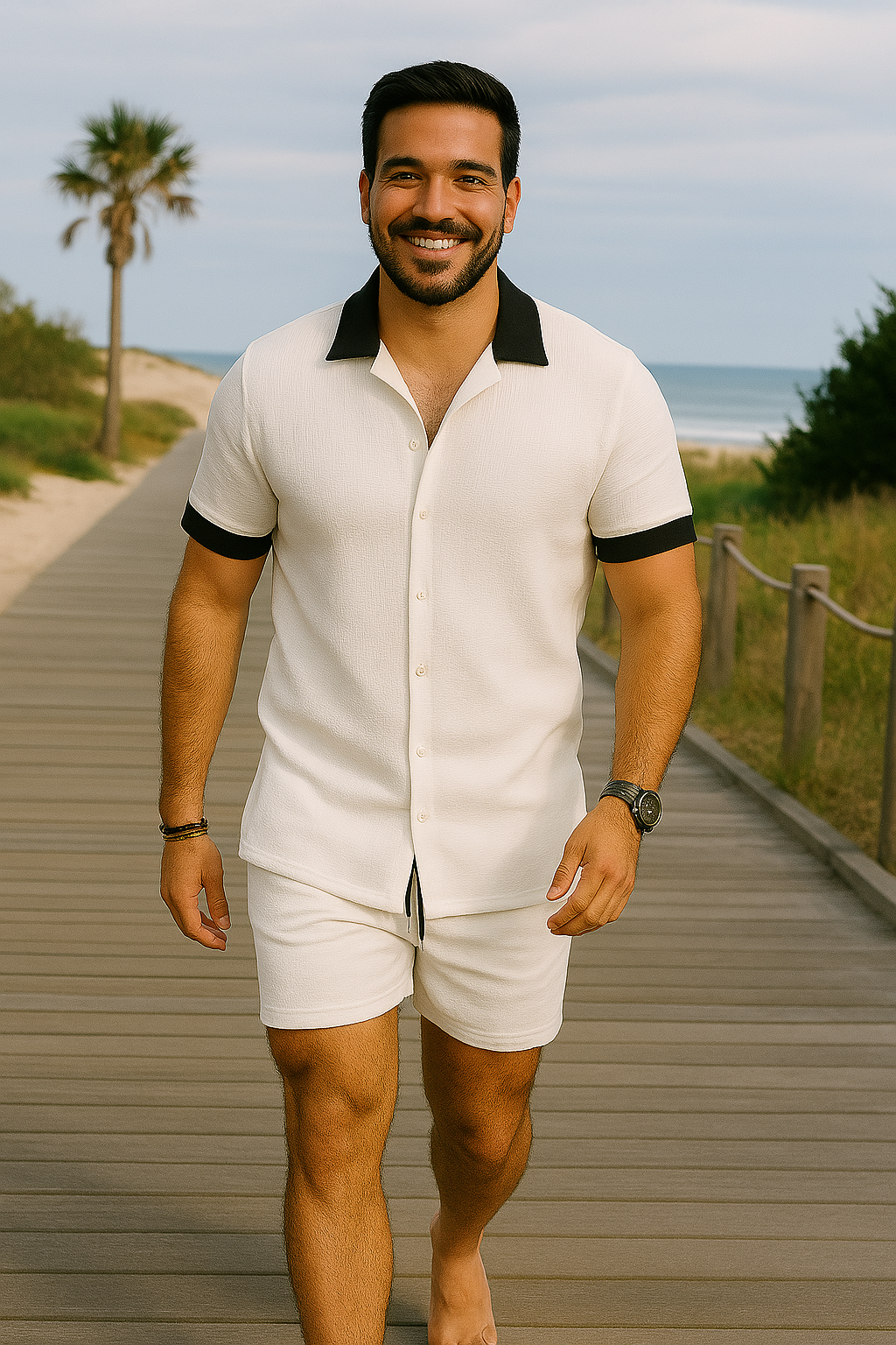man wearing short-sleeve beachwear set with contrast trim