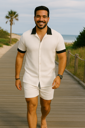 man wearing short-sleeve beachwear set with contrast trim